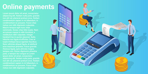 Online payments.People Near a mobile phone and a payment terminal.The concept of fast and secure money transfers.Poster in business style.Flat vector illustration.