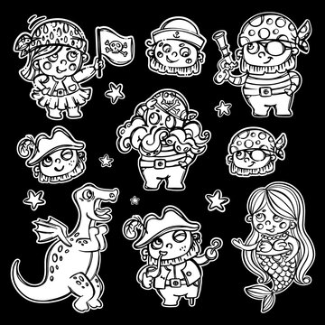 PIRATES CHARACTERS Nautical Stickers Hand Drawn Pictures Cartoon Travel Label Monochrome Sea Vector Illustration Set On Black For Print And Cutting Machines