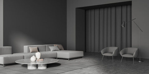 Relax room interior with couch and chairs, curtains and mockup