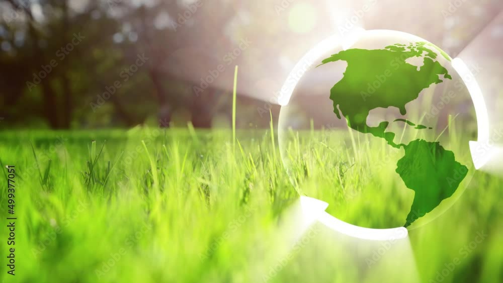 Poster nature environment world map recycle arrows looping animation. concept renewable ecology science cop