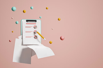 Clipboard with checklist on paper, pencil on light background