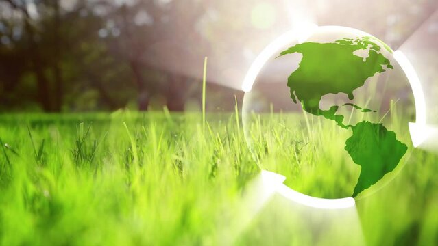 Nature environment world map recycle arrows looping animation. Concept renewable ecology science copy space background.