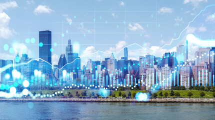 Fototapeta premium Forex graph chart, growing bars with candlestick. New York skyscrapers