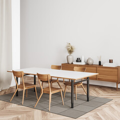 Wooden living room interior with table and seats, drawer and mockup