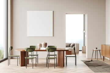 Light living room interior with sofa and table, window and mockup frame