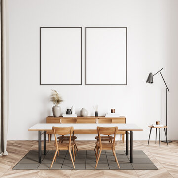 Light dining room interior with table and seats, commode and mockup frames