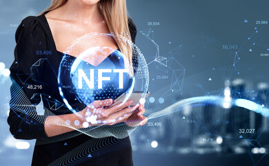 Woman hands with smartphone, NFT icons, cryptocurrency and digital hologram