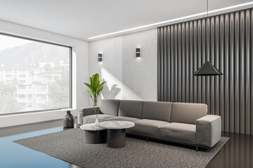 Light lounge room interior with couch and coffee table, panoramic window