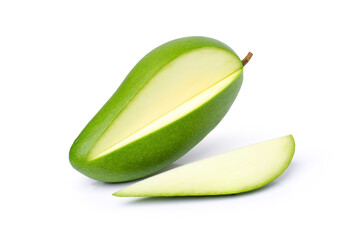 Green mango fruit with slice isolated on white background.