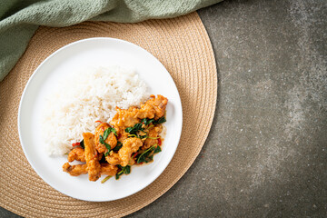 stir-fried fried fish with basil and chili in thai style topped on rice