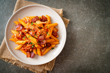 stir-fried penne pasta with kimchi and bacon