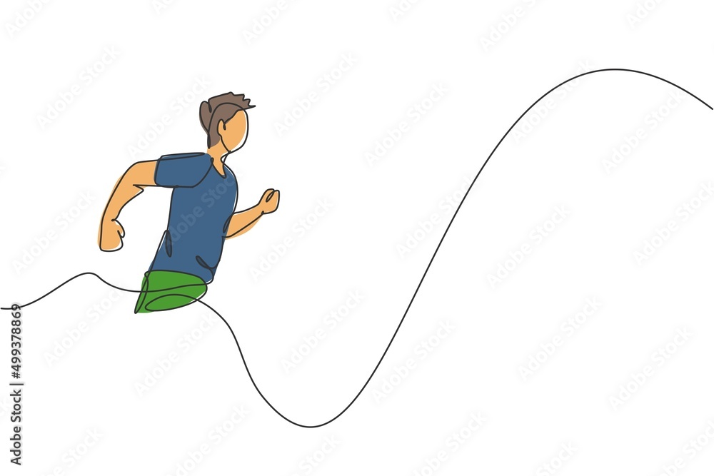Poster single continuous line drawing of young agile man runner from side view. individual sport with compe