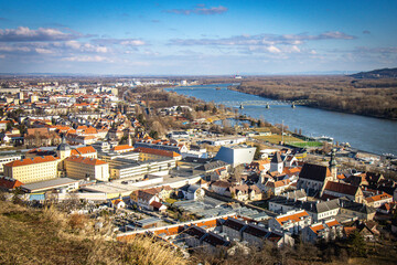 aerial view over Krems and Danube River, Lower Austria, Austria, Europe, sunset