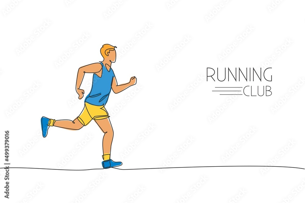 Poster single continuous line drawing of young agile man runner running constantly. individual sport with c