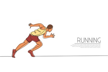 Single continuous line drawing of young agile man runner focus to sprint run. Individual sport, competition concept. Trendy one line draw design vector illustration for running tournament promotion