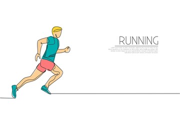 Fototapeta na wymiar One single line drawing of young energetic man runner practice at run track vector illustration. Individual sports, training concept. Modern continuous line draw design for running competition banner