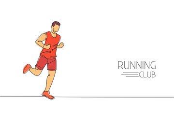 Fototapeta na wymiar One continuous line drawing of young man athlete runner run relax. Individual sport, competitive concept. Dynamic single line draw design vector graphic illustration for running competition poster