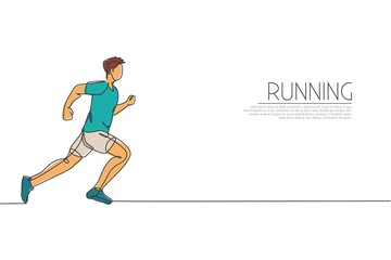 Fototapeta na wymiar One single line drawing of young energetic man runner running fast graphic vector illustration. Individual sports, training concept. Modern continuous line draw design for running competition banner