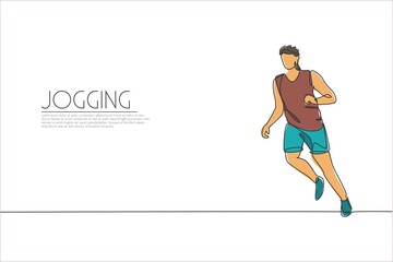 Fototapeta na wymiar One single line drawing of young energetic man runner run relax vector illustration graphic. Individual sports, training concept. Modern continuous line draw design for running competition banner