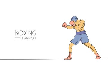 Fototapeta na wymiar One single line drawing of young energetic man boxer practicing at sport gym vector illustration. Sport combative training concept. Modern continuous line draw design for boxing championship banner