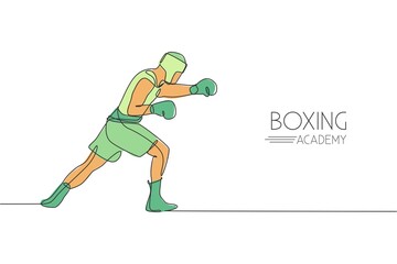 Single continuous line drawing of young agile man boxer upgrade his fight attack skill. Fair combative sport concept. Trendy one line draw design vector illustration for boxing game promotion media