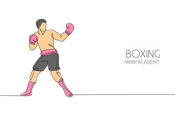 Fototapeta na wymiar One continuous line drawing young sporty man boxer try to provoke rival. Competitive combat sport concept. Dynamic single line draw design graphic vector illustration for boxing match promotion poster