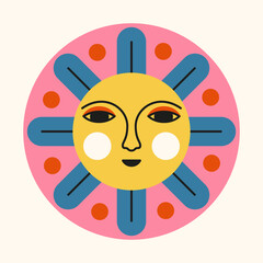 Symbol of the sun with face. Vintage color illustration with ethnic style elements. Sticker for decor, logo, printing, textiles, packaging. Isolated vector element.