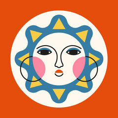 Symbol of the sun. Ethnic style. Vintage color illustration with face elements. Sticker for decor, logo, printing, textiles, packaging. Isolated vector element.