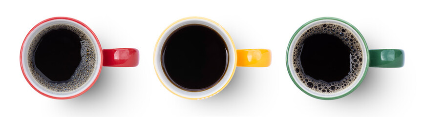 Many cups of black coffee isolated on white background. Top view. Flat lay.