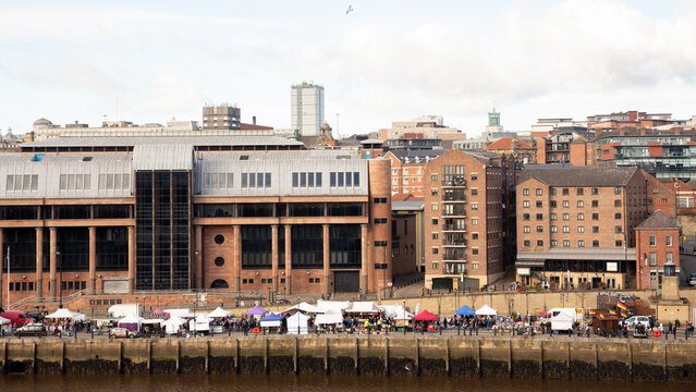 Newcastle upon Tyne England: 10th Feb 2019: Quayside Sunday Market view from Gateshead (Tyne River)