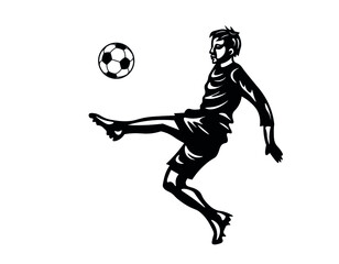 Fototapeta na wymiar Soccer player silhouette. Flat black figure kicking the ball in the air and going to pass or strike a goal.