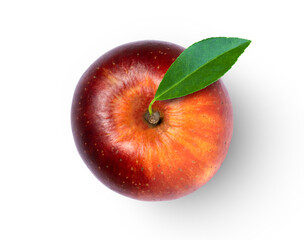 Top view of red apple with green leaf isolated on white background