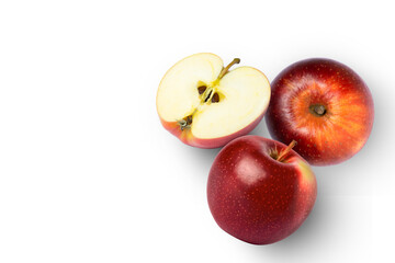 Red apple with cut in half sliced isolated on white background. Top view. Flat lay. Copy space.
