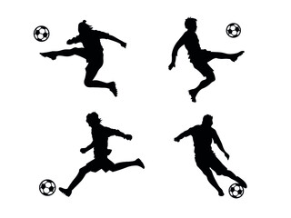 Set of four soccer player silhouette. Flat black figures. Footballer playing with a ball.