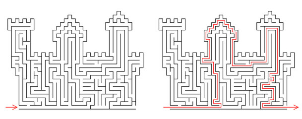 Brick castle labyrinth. Maze inside fortress with towers. Medium difficulty vector puzzle with entry and exit. Riddle with solution - red passing route. Logic game for kids of age from 2 to 10 years.