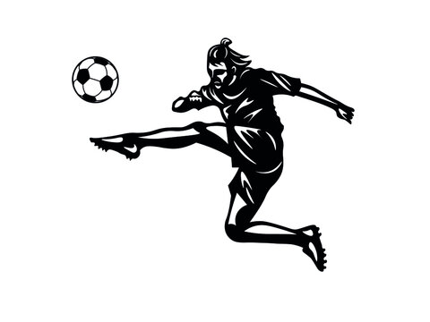 Soccer player silhouette. Flat black figure stricking a goal jumping high in the air.