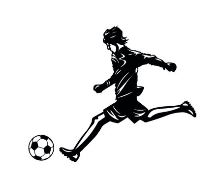 Soccer player silhouette. Flat black figure running and ready to strike a penalty or goal.
