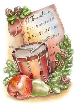 Musical Instrument Vector Background, Stringed Instrument Hand Drawn Vector Water Color with fruit and flowers