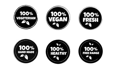 Fototapeta na wymiar Set of black and white organic products sticker, label, badge and logo. 100% PREMIUM QUALITY. 100% VEGETARIAN, 100% FRESH, 100% HEALTHY. Logo template for organic and eco products.
