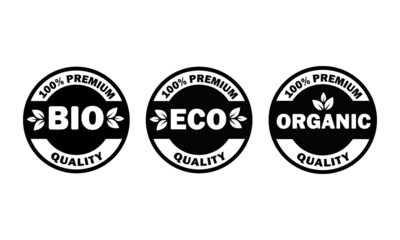 Set of black and white Eco, Bio, Organic stickers, labels, badges and logos. 100% vegan. Eco-friendly badge. Logo template for organic products.