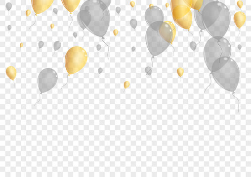 Gray Surprise Background Transparent Vector. Baloon 3d Design. Gold Birthday Balloon. Toy Ceremony Set.