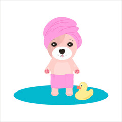 Obraz na płótnie Canvas cute dog, cute puppy is bathing. in a pink towel, in the bathroom. Grooming