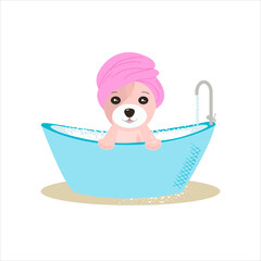 Naklejka premium cute dog, cute puppy is bathing. in a pink towel, in the bathroom. Grooming