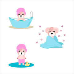 cute dog, cute puppy is bathing. in a pink towel, in the bathroom. Grooming