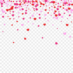 Fond Heart Background Transparent Vector. Volume Texture Confetti. Tender Cute Pattern. Pink Heart Folded Backdrop. Violet Rain Illustration.
