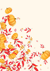 Yellow Leaves Background Beige Vector. Pumpkin Image. Gold Park Banner. Healthy Illustration. Burgundy Plant Collection Frame.