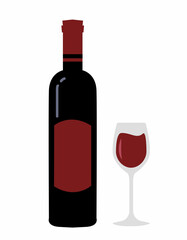 Bottle of wine with wineglass in flat style. Minimalist sketch isolated on white background. Good for banner, poster, advertising, pab, menu. Vector illustration