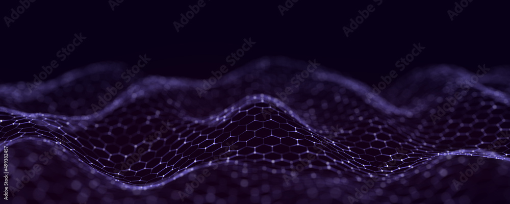 Poster Digital dynamic cyber wave. Abstract futuristic hexagon background with dots and lines. Big data visualization. 3D rendering.
