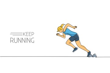 Single continuous line drawing of young agile woman runner focus practicing to run fast. Healthy lifestyle concept. Trendy one line draw design vector graphic illustration for running race promotion