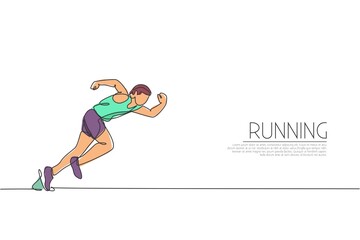 One continuous line drawing of young sporty man runner focus to run fast at track. Health activity sport concept. Dynamic single line draw design vector illustration for running event promotion poster